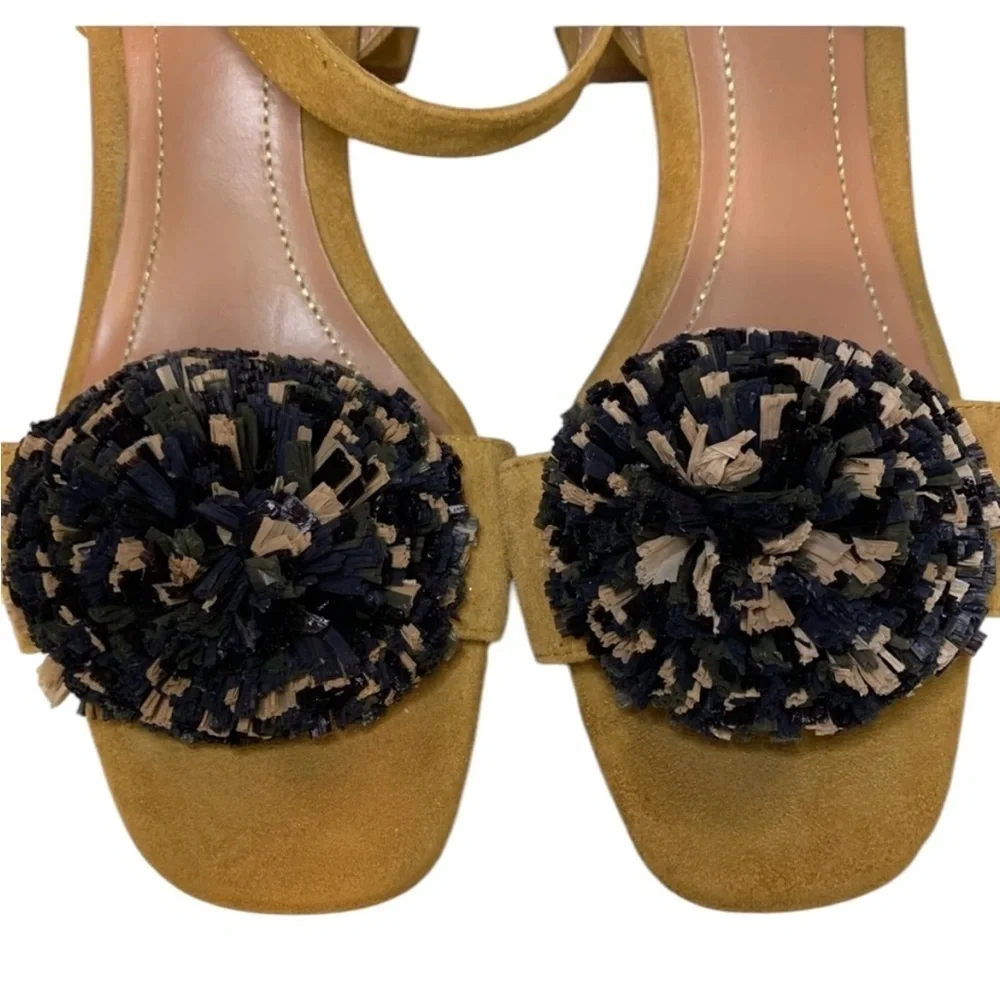 Zara Tan Raffia Pom Pom Suede Sandals- 7
